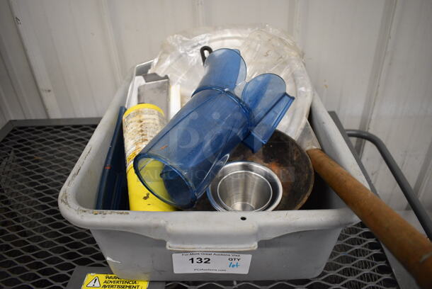 ALL ONE MONEY! Lot of Various Items Including Blue Ice Scoop and Cast Iron Skillet in Gray Poly Bus Bin!