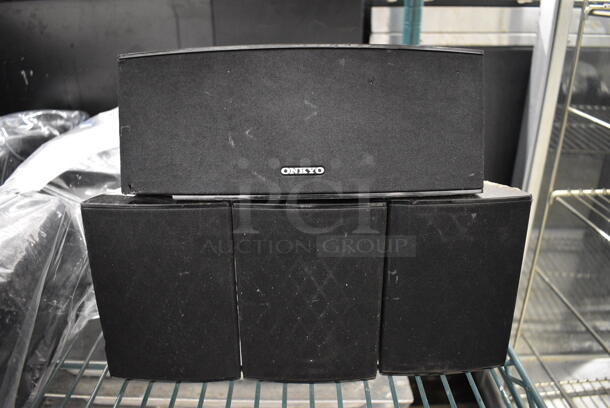 ALL ONE MONEY! Onkyo Model SKC-395 Center Speaker, Onkyo Model SKR-395 Surround Left Speaker, Onkyo Model SKR-395 Surround Right Speaker and Onkyo Model SKF-395 Front Right Speaker! 9.5x4x4, 4x4x5.5