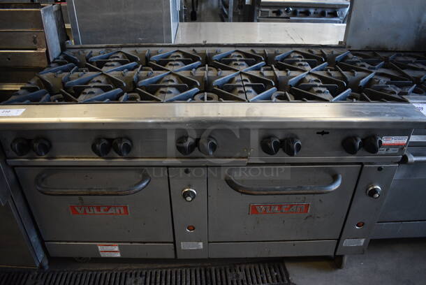 LATE MODEL! GREAT! Vulcan Stainless Steel Commercial Gas Powered 10 Burner Range w/ 2 Lower Ovens on Commercial Casters. 60x34x37 - Image 1 of 7