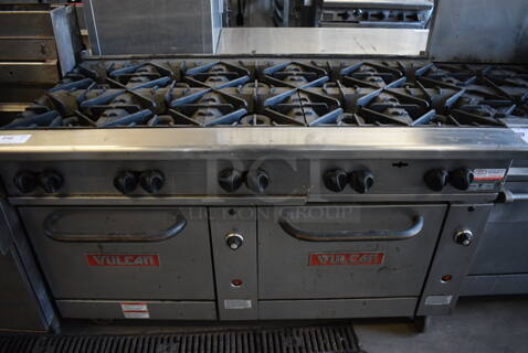 LATE MODEL! GREAT! Vulcan Stainless Steel Commercial Gas Powered 10 Burner Range w/ 2 Lower Ovens on Commercial Casters. 60x34x37