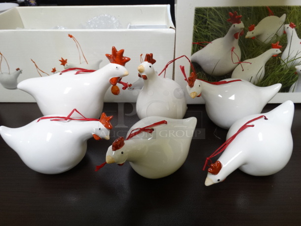 BRAND NEW IN BOX! Lot of 6 Les Poules Ceramic White Colored Chicken Ornaments By Catherine Hunter. Includes 5x3x3