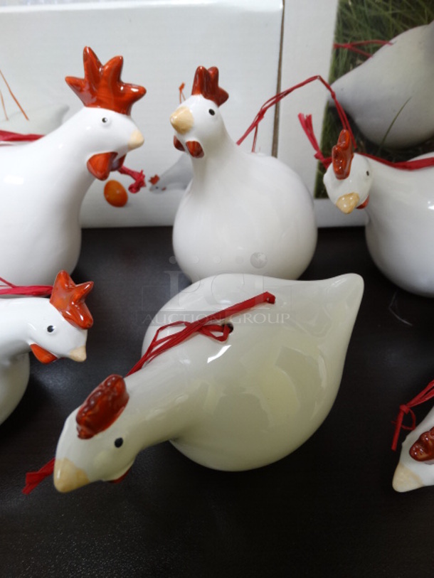 BRAND NEW IN BOX! Lot of 6 Les Poules Ceramic White Colored Chicken Ornaments By Catherine Hunter. Includes 5x3x3 - Image 5 of 12