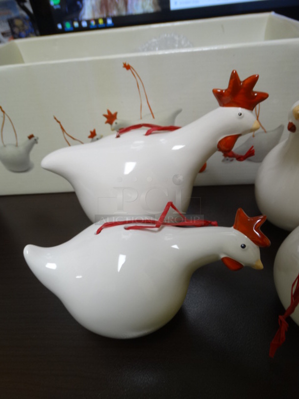 BRAND NEW IN BOX! Lot of 6 Les Poules Ceramic White Colored Chicken Ornaments By Catherine Hunter. Includes 5x3x3 - Image 6 of 12