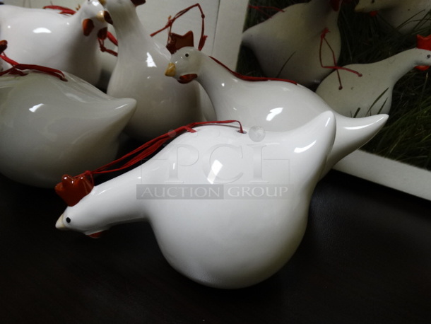 BRAND NEW IN BOX! Lot of 6 Les Poules Ceramic White Colored Chicken Ornaments By Catherine Hunter. Includes 5x3x3 - Image 7 of 12