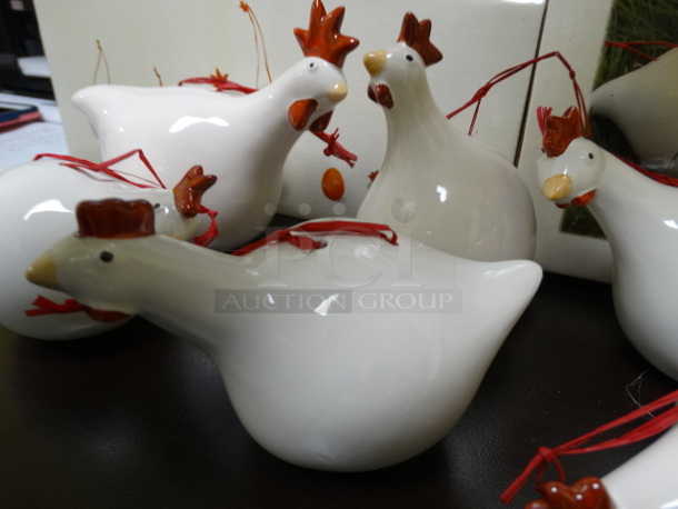 BRAND NEW IN BOX! Lot of 6 Les Poules Ceramic White Colored Chicken Ornaments By Catherine Hunter. Includes 5x3x3 - Image 8 of 12
