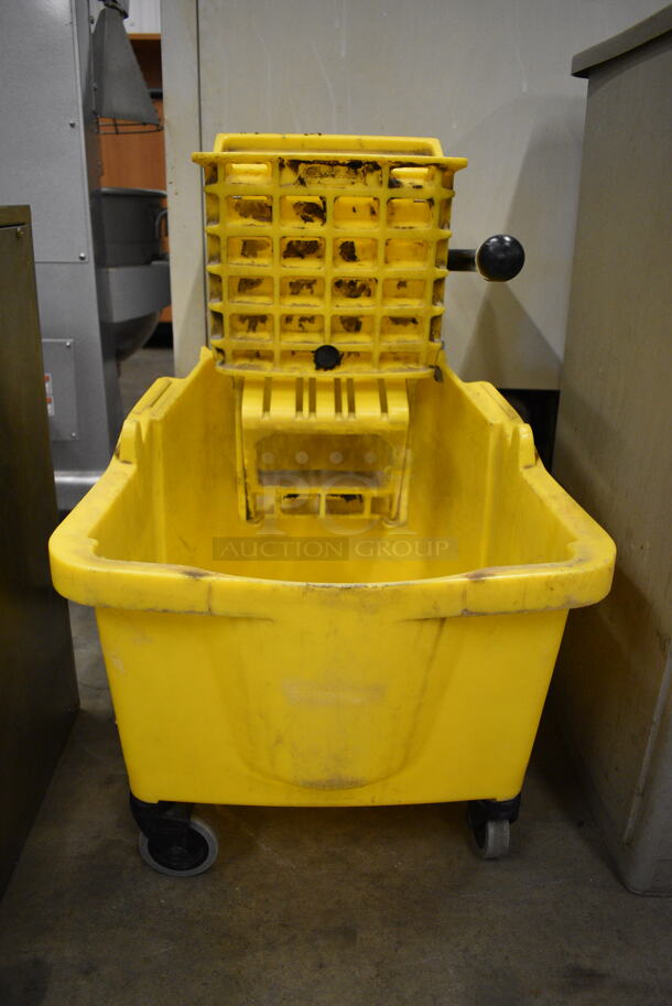 Yellow Poly Mop Bucket w/ Wringing Attachment on Casters. 16x22x25