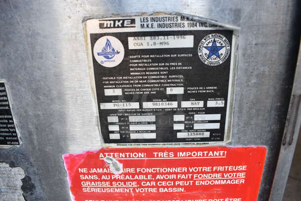 NICE! MKE Model FG-115 Stainless Steel Commercial Floor Style Natural Gas Powered Deep Fat Fryer. 16x27x48 - Image 6 of 6