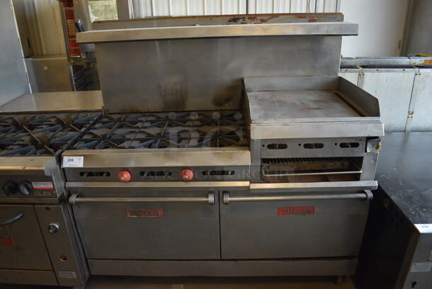 WOW! Vulcan Stainless Steel Commercial Gas Powered Floor Style 6 Burner w/ Right Side Flat Top Griddle, 2 Lower Ovens and Stainless Steel Overshelf on Commercial Casters. 60x32x60