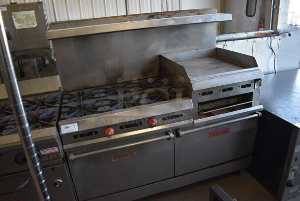 WOW! Vulcan Stainless Steel Commercial Gas Powered Floor Style 6 Burner w/ Right Side Flat Top Griddle, 2 Lower Ovens and Stainless Steel Overshelf on Commercial Casters. 60x32x60 - Image 2 of 7