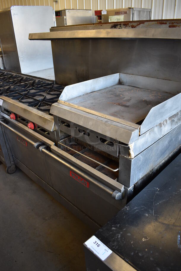 WOW! Vulcan Stainless Steel Commercial Gas Powered Floor Style 6 Burner w/ Right Side Flat Top Griddle, 2 Lower Ovens and Stainless Steel Overshelf on Commercial Casters. 60x32x60 - Image 5 of 7