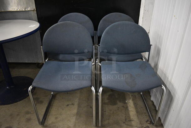 4 Blue Chairs on Chrome Finish Metal Legs. 19x18x32. 4 Times Your Bid!