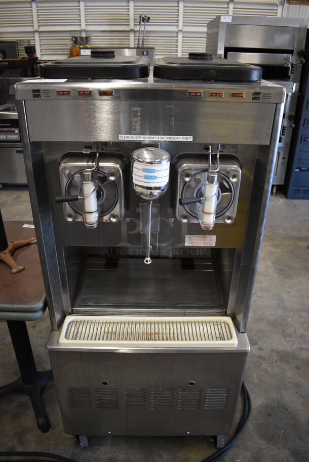 FANTASTIC! 2008 Taylor Model 342D-27 Stainless Steel Commercial Floor Style Air Cooled 2 Flavor Frozen Beverage Machine w/ Drink Mixing Attachment on Commercial Casters. 208-230 Volts, 1 Phase. 26x33x61
