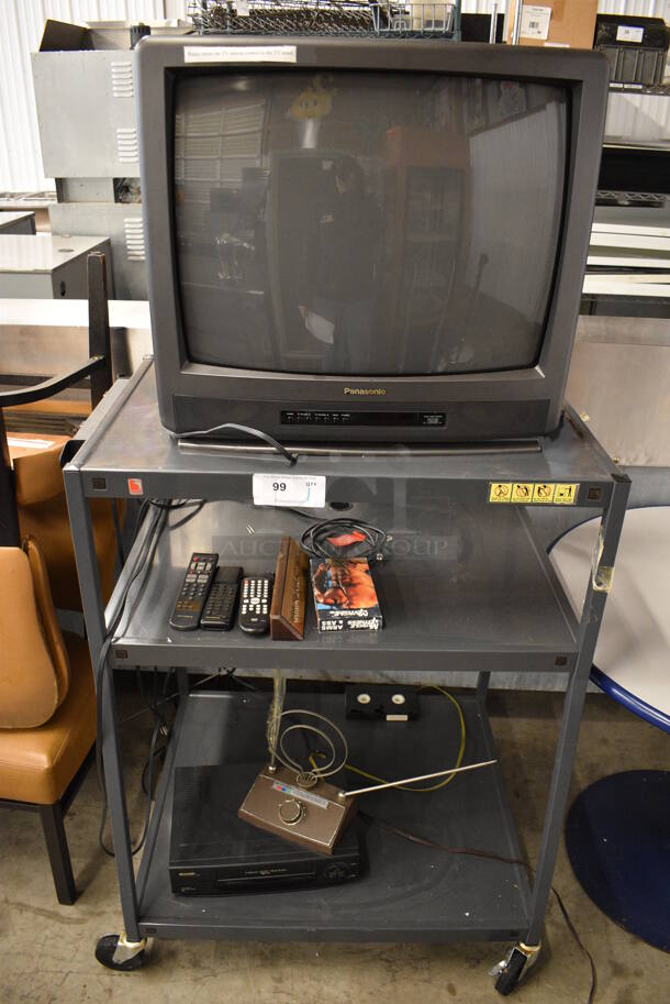 ALL ONE MONEY! Lot of Panasonic CT-2583UY Television on Black Metal AV Cart w/ Sharp VHS Player on Casters. 32x28x44
