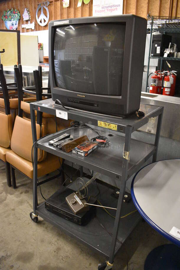 ALL ONE MONEY! Lot of Panasonic CT-2583UY Television on Black Metal AV Cart w/ Sharp VHS Player on Casters. 32x28x44 - Image 4 of 7