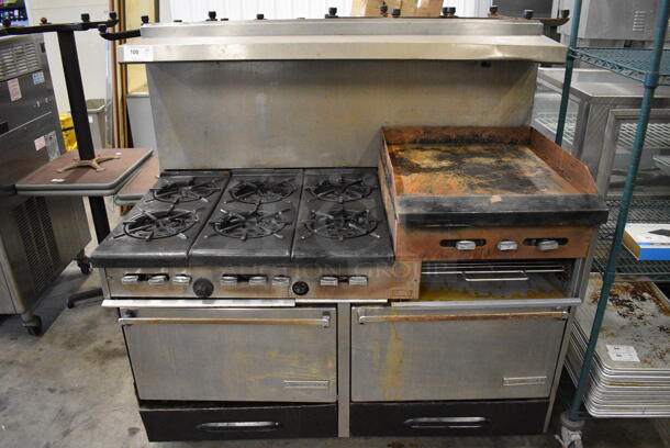 NICE! Garland Metal Commercial 6 Burner Range w/ Right Side Flat Top Griddle, 2 Lower Ovens and Stainless Steel Overshelf. 60x32x59