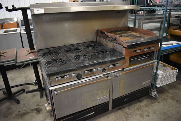 NICE! Garland Metal Commercial 6 Burner Range w/ Right Side Flat Top Griddle, 2 Lower Ovens and Stainless Steel Overshelf. 60x32x59 - Image 3 of 8