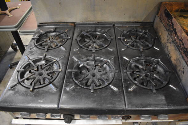 NICE! Garland Metal Commercial 6 Burner Range w/ Right Side Flat Top Griddle, 2 Lower Ovens and Stainless Steel Overshelf. 60x32x59 - Image 4 of 8