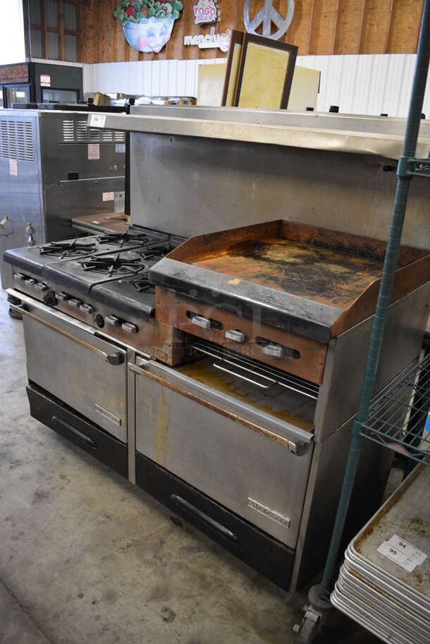 NICE! Garland Metal Commercial 6 Burner Range w/ Right Side Flat Top Griddle, 2 Lower Ovens and Stainless Steel Overshelf. 60x32x59 - Image 6 of 8
