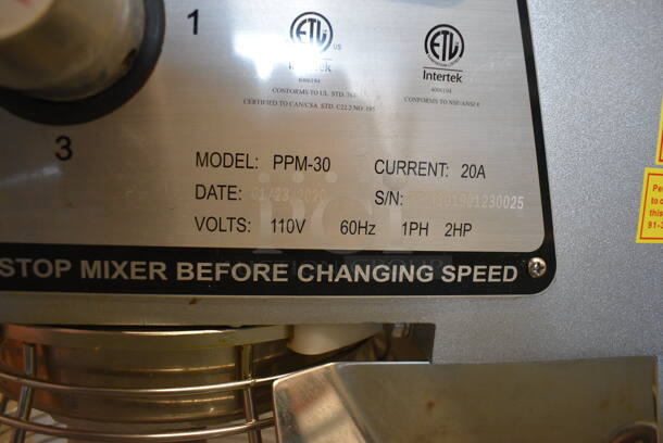 FANTASTIC! 2020 PrepPal Model PPM-30 Metal Commercial Floor Style 30 Quart Planetary Mixer w/ Stainless Steel Bowl, Bowl Guard and Whisk Attachment. 110 Volts, 1 Phase. 22x24x49. Tested and Working! - Image 4 of 7