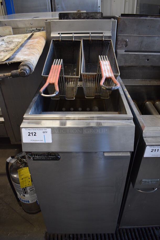 GREAT! Superior Model EF3 Stainless Steel Commercial Floor Style Natural Gas Powered Deep Fat Fryer w/ 2 Metal Fry Baskets. 90,000 BTU. 15.5x30x47 - Image 1 of 6