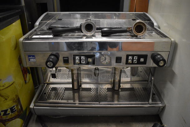 GORGEOUS! LavAzza Stainless Steel Commercial Countertop 2 Group Espresso Machine w/ 2 Portafilters and Steam Wand. 250 Volt Plug. 28x23x21