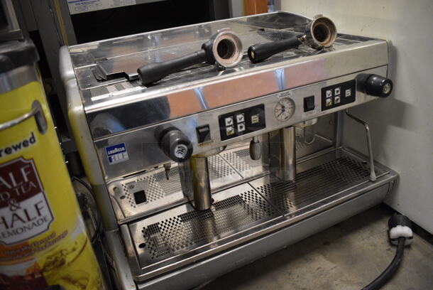 GORGEOUS! LavAzza Stainless Steel Commercial Countertop 2 Group Espresso Machine w/ 2 Portafilters and Steam Wand. 250 Volt Plug. 28x23x21 - Image 3 of 8