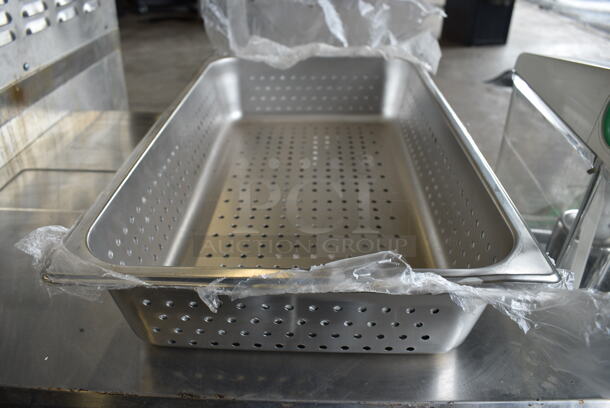 2 BRAND NEW! Stainless Steel Perforated Full Size Drop In Bins. 1/1x4. 2 Times Your Bid!