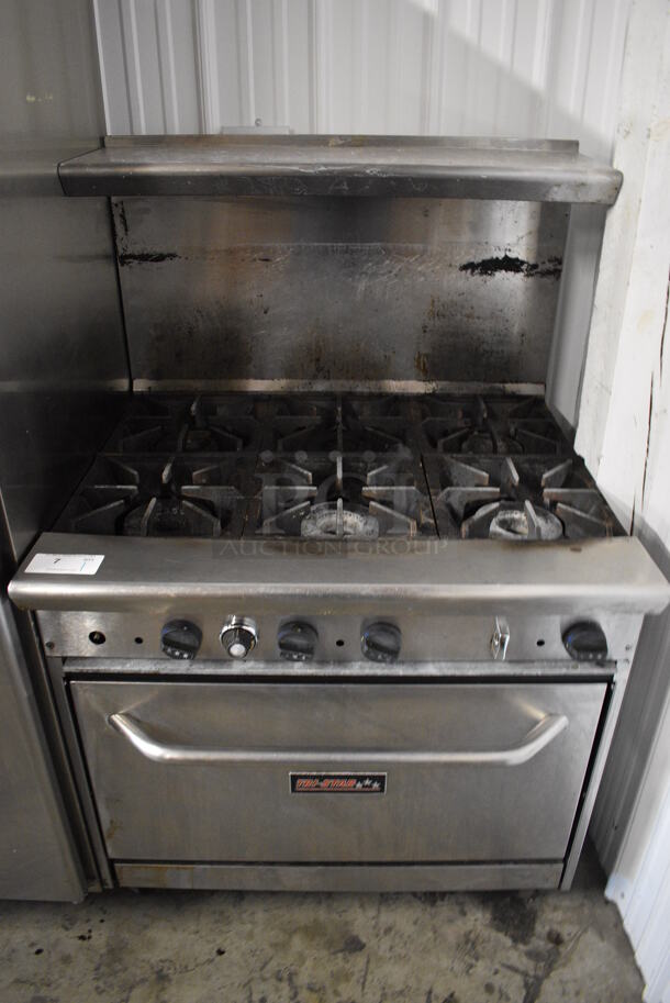 GREAT! Tri-Star Stainless Steel Commercial Gas Powered 6 Burner Range w/ Lower oven and Stainless Steel Overshelf on Commercial Casters. 36x32x56 