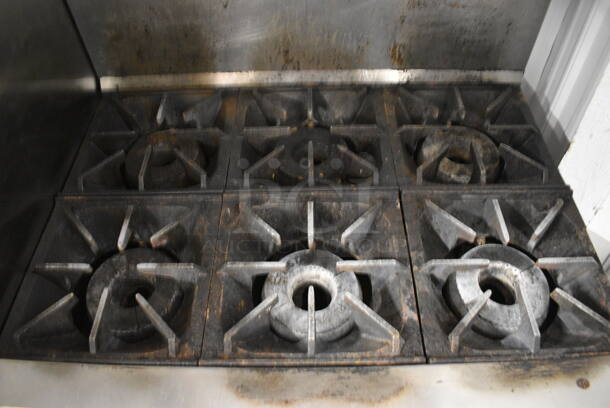 GREAT! Tri-Star Stainless Steel Commercial Gas Powered 6 Burner Range w/ Lower oven and Stainless Steel Overshelf on Commercial Casters. 36x32x56  - Image 3 of 6