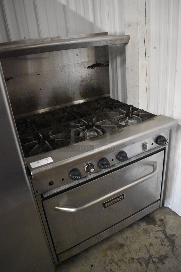 GREAT! Tri-Star Stainless Steel Commercial Gas Powered 6 Burner Range w/ Lower oven and Stainless Steel Overshelf on Commercial Casters. 36x32x56  - Image 4 of 6