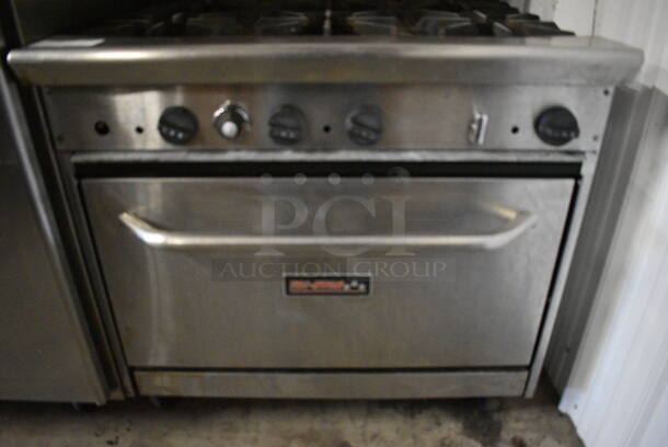 GREAT! Tri-Star Stainless Steel Commercial Gas Powered 6 Burner Range w/ Lower oven and Stainless Steel Overshelf on Commercial Casters. 36x32x56  - Image 5 of 6