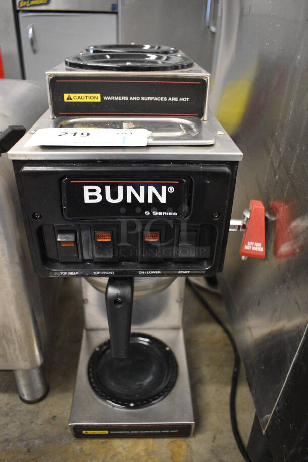 NICE! Bunn Model STF-15 Stainless Steel Commercial Countertop 3 Burner Coffee Machine w/ Hot Water Dispenser and Metal Brew Basket. 120 Volts, 1 Phase. 10x18x21