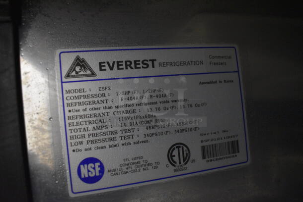 SWEET! Everest Model ESF2 Stainless Steel Commercial 2 Door Reach In Freezer w/ Poly Coated Racks on Commercial Casters. 115 Volts, 1 Phase. 49x32x79. Tested and Working! - Image 4 of 6