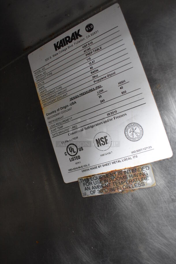 WOW! 2010 Kairak Model KBP-91S Stainless Steel Commercial Prep Table on Commercial Casters w/ Top Lid and 3 Doors. 115 Volts, 1 Phase. 91x32x37. Cannot Test Due To Plug Style - Image 5 of 8