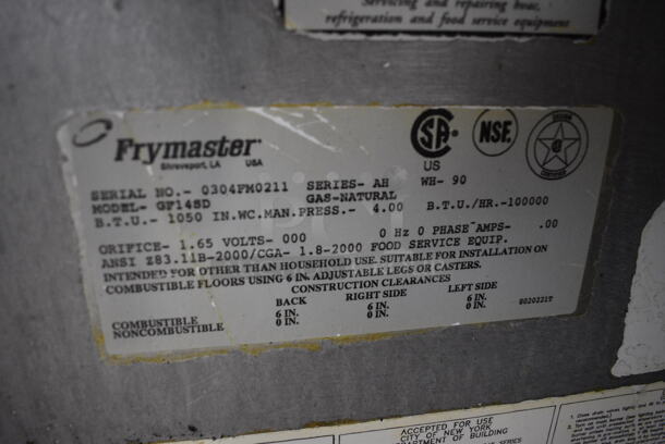 NICE! Frymaster Model GF14SD Stainless Steel Commercial Floor Style Natural Gas Powered Deep Fat Fryer. 100,000 BTU. 15.5x29x47 - Image 6 of 6