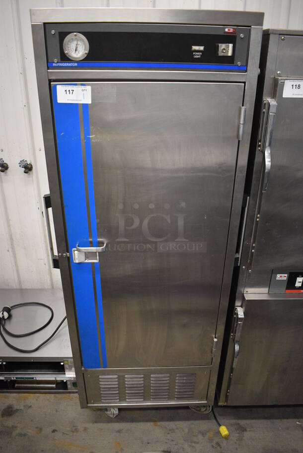 NICE! Carter Hoffmann Stainless Steel Commercial Floor Style Single Door Portable Cooler on Commercial Casters. 26x32x74. Tested and Powers On But Does Not Get Cold