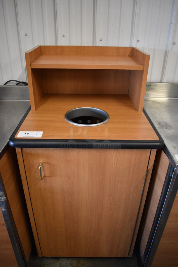 Wood Pattern Trash Can Shell w/ Trash Deposit Hole, Tray Slide, Front Door and Poly Trash Can. 25.5x25.5x50 - Image 1 of 4