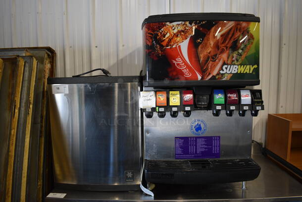 ALL ONE MONEY! Lot of Manitowoc Model QY0424A Stainless Steel Commercial Air Cooled Ice Machine Head and SerVend Model MD175 Stainless Steel Commercial 8 Flavor Carbonated Beverage Machine. 115 Volts, 1 Phase. 24x30x65 - Image 1 of 9