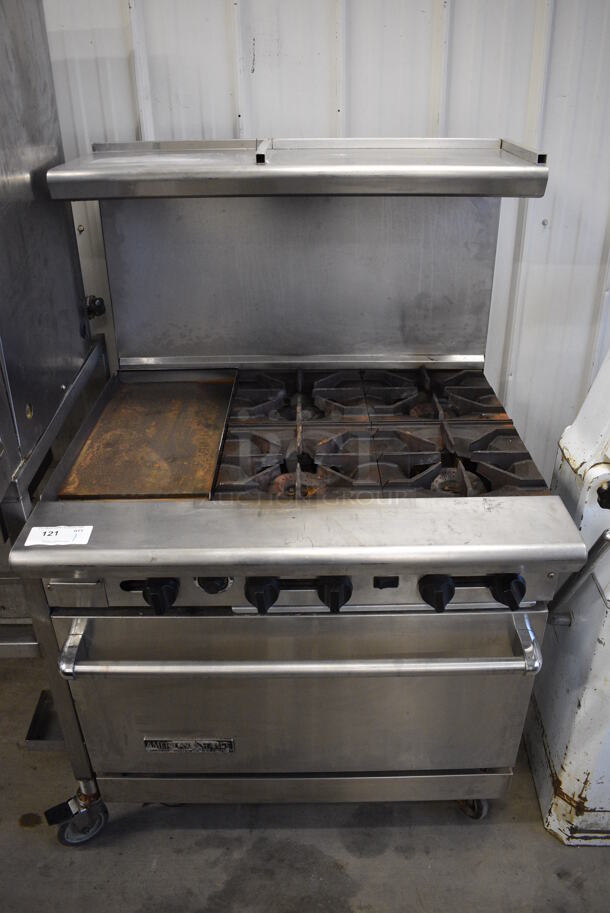 SWEET! American Range Stainless Steel Commercial Gas Powered 4 Burner Range w/ Left Side Flat Top Griddle, Lower CONVECTION Oven and Stainless Steel Overshelf on Commercial Casters. 36x33x57