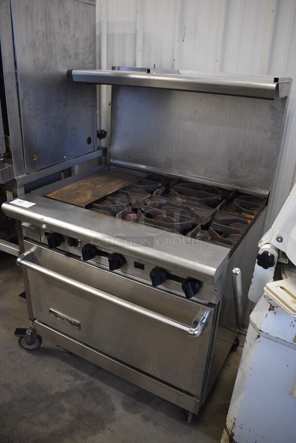SWEET! American Range Stainless Steel Commercial Gas Powered 4 Burner Range w/ Left Side Flat Top Griddle, Lower CONVECTION Oven and Stainless Steel Overshelf on Commercial Casters. 36x33x57 - Image 2 of 9