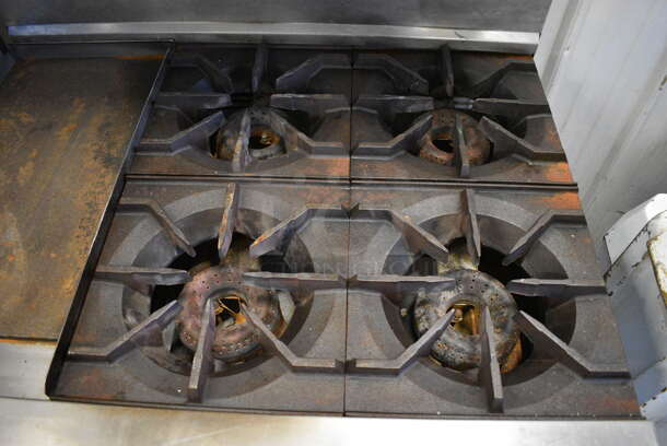 SWEET! American Range Stainless Steel Commercial Gas Powered 4 Burner Range w/ Left Side Flat Top Griddle, Lower CONVECTION Oven and Stainless Steel Overshelf on Commercial Casters. 36x33x57 - Image 4 of 9