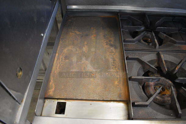 SWEET! American Range Stainless Steel Commercial Gas Powered 4 Burner Range w/ Left Side Flat Top Griddle, Lower CONVECTION Oven and Stainless Steel Overshelf on Commercial Casters. 36x33x57 - Image 5 of 9