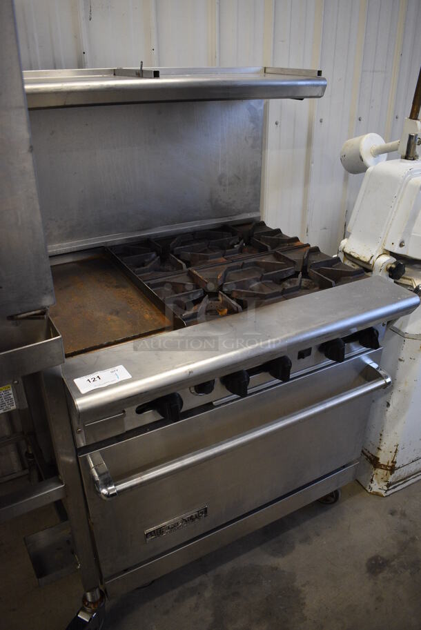 SWEET! American Range Stainless Steel Commercial Gas Powered 4 Burner Range w/ Left Side Flat Top Griddle, Lower CONVECTION Oven and Stainless Steel Overshelf on Commercial Casters. 36x33x57 - Image 7 of 9