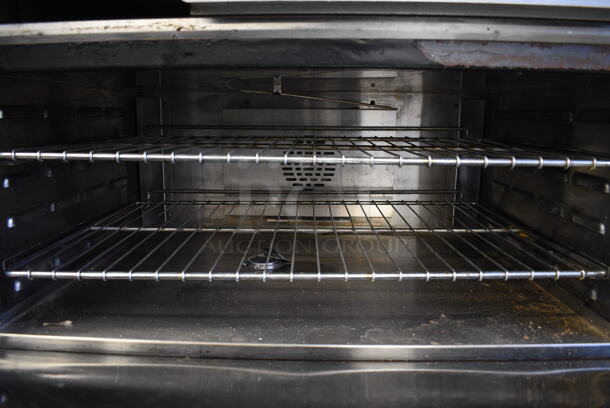 SWEET! American Range Stainless Steel Commercial Gas Powered 4 Burner Range w/ Left Side Flat Top Griddle, Lower CONVECTION Oven and Stainless Steel Overshelf on Commercial Casters. 36x33x57 - Image 8 of 9