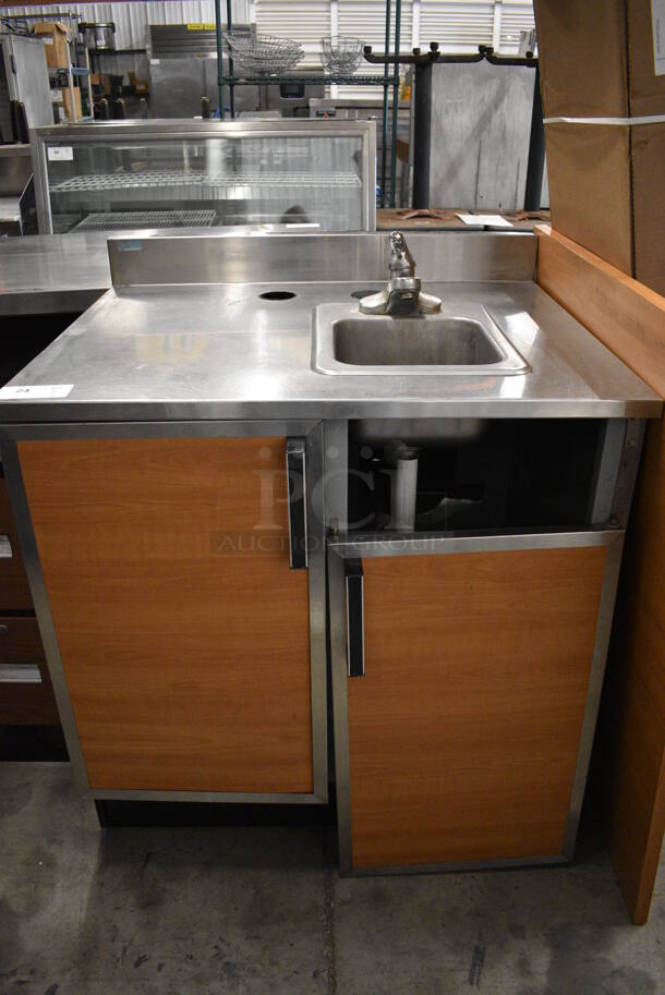 Duke Stainless Steel Commercial Counter w/ Sink Basin, Faucet, Handle and 2 Wood Pattern Doors. Door Needs To Be Reattached. 36x30x41 - Image 2 of 7