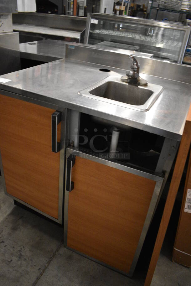 Duke Stainless Steel Commercial Counter w/ Sink Basin, Faucet, Handle and 2 Wood Pattern Doors. Door Needs To Be Reattached. 36x30x41 - Image 3 of 7