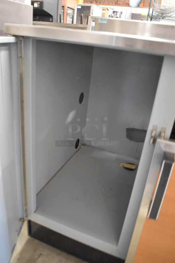 Duke Stainless Steel Commercial Counter w/ Sink Basin, Faucet, Handle and 2 Wood Pattern Doors. Door Needs To Be Reattached. 36x30x41 - Image 5 of 7