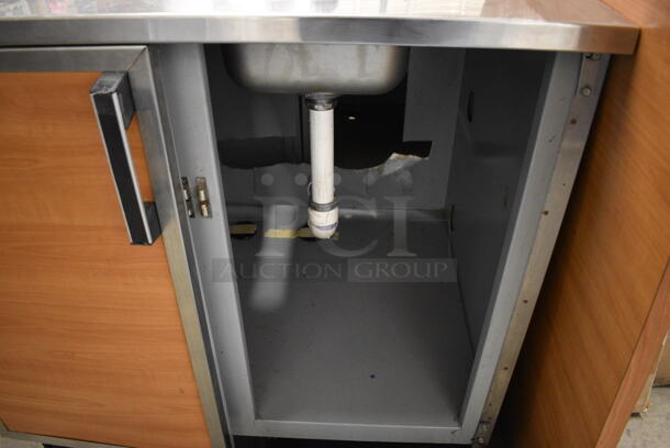 Duke Stainless Steel Commercial Counter w/ Sink Basin, Faucet, Handle and 2 Wood Pattern Doors. Door Needs To Be Reattached. 36x30x41 - Image 6 of 7