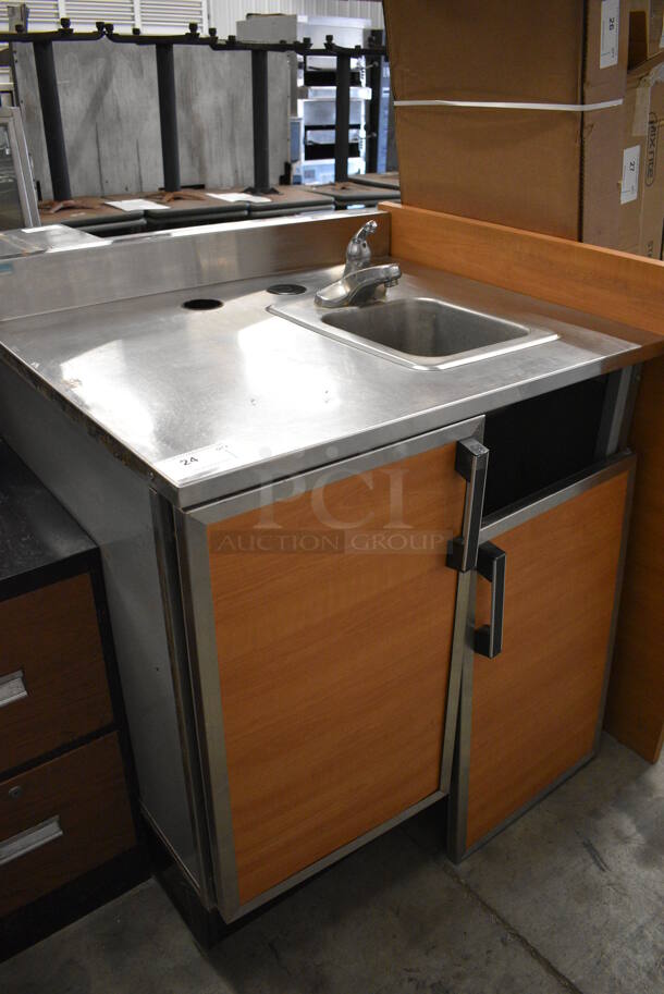 Duke Stainless Steel Commercial Counter w/ Sink Basin, Faucet, Handle and 2 Wood Pattern Doors. Door Needs To Be Reattached. 36x30x41 - Image 7 of 7