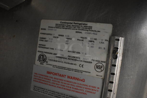 NICE! Continental Model SW48-12 Stainless Steel Commercial Sandwich Salad Prep Table Bain Marie Mega Top on Commercial Casters. 115 Volts, 1 Phase. 48x31x43. Tested and Powers On But Temps at 46 Degrees - Image 7 of 8